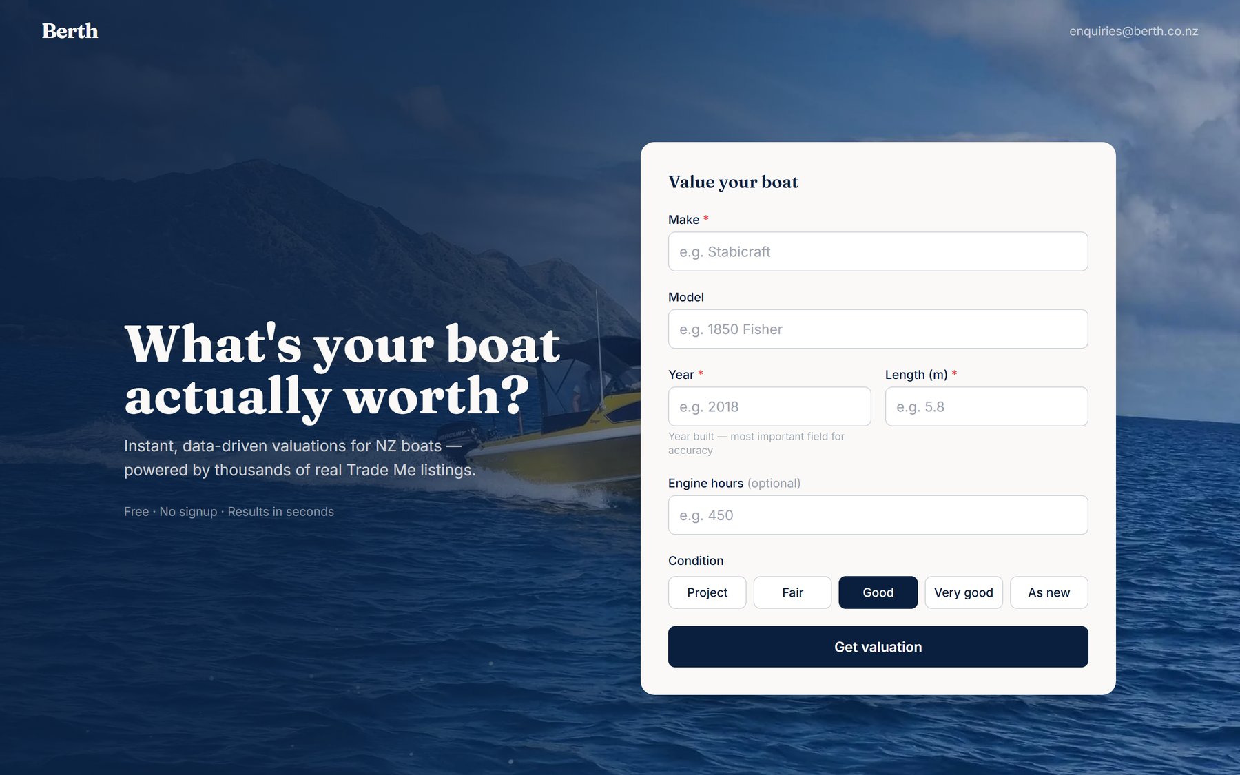 Berth homepage with the boat valuation form