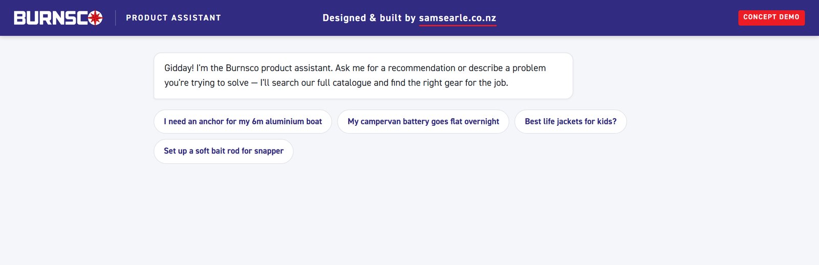 The assistant's opening screen with example questions